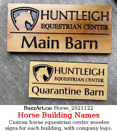 Custom horse equestrian center wooden signs for each building, with company logo.